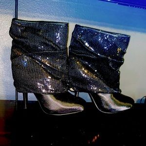 Unique Vintage Satiny Black Boots with Sequin Foldover Top
